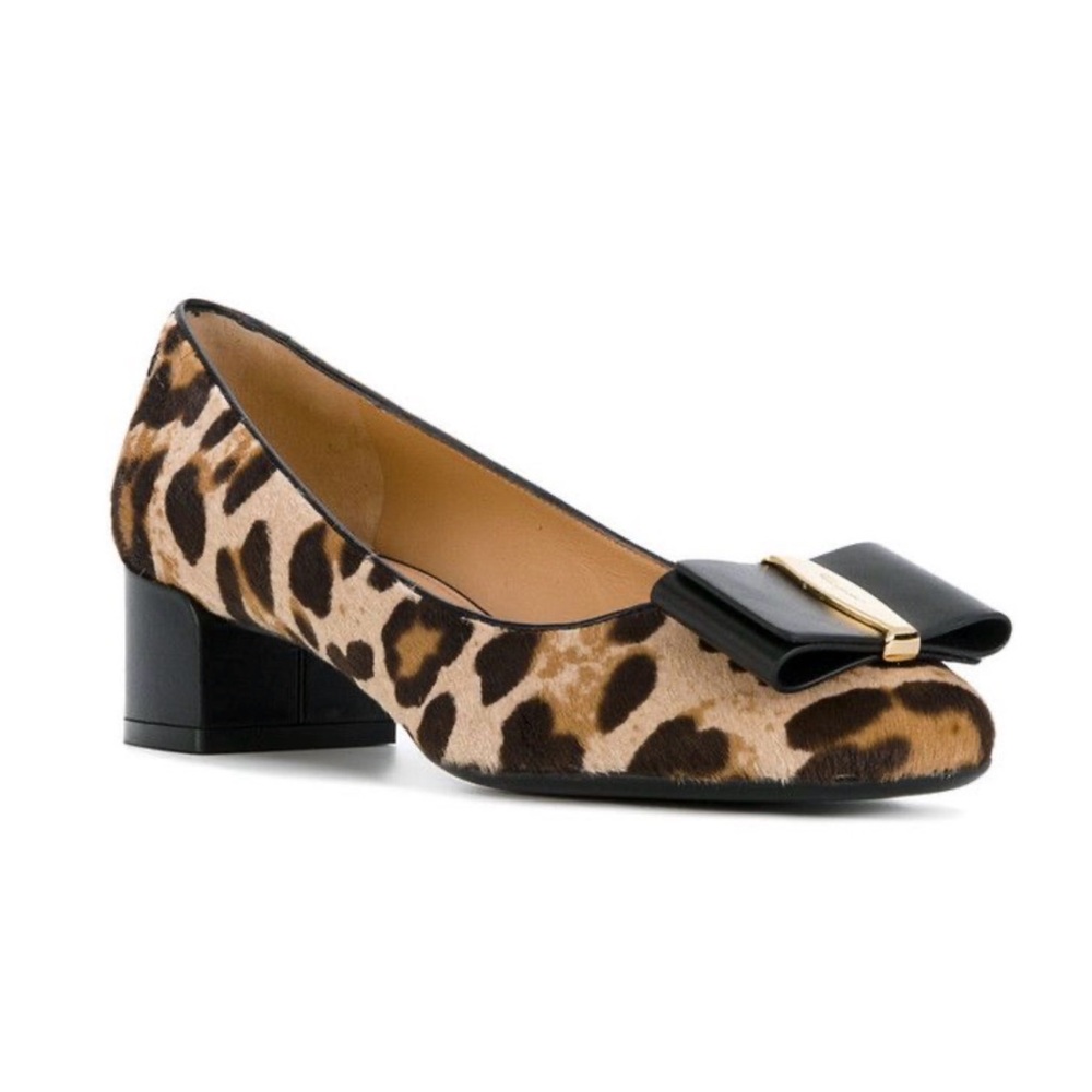 Salvarote Ferragamo Leopard Print Block Heel Pumps with Black Bow